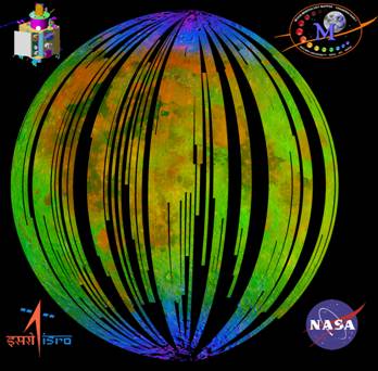 A three-color composite of near-infrared reflected solar radiation for Chandra showing the spatial extent of the diagnostic absorption measured by M3 is shown above. The blue color indicates the 3 µm absorption associated with the presence of OH/H2O. Red indicates absorption at 2 µm due to the presence of iron-containing minerals. Green represents the reflected brightness at 2.4 μm. [Reference: Cover page of Science, October 23, 2009 issue