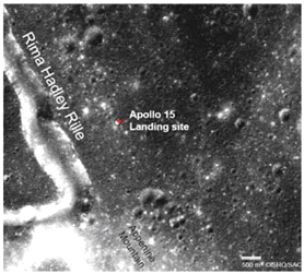 Three-dimensional view of the Apollo-15 landing site by TMC, in front of the Apennine Mountains, showing parts of the Rima Hadley ridge and the 'halo' around the Apollo-15 Lunar Module landing site. [Reference: Prakash Chauhan et al. Current Science, 97, 630–631, 2009.